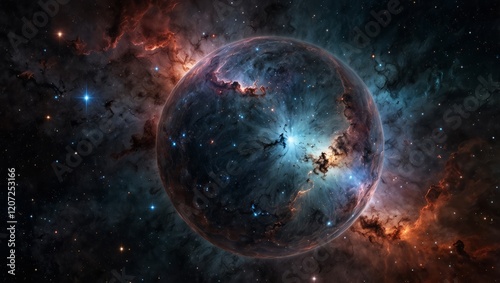 A 360-degree spherical projection of a deep space nebula, filled with bright stars and cosmic clouds