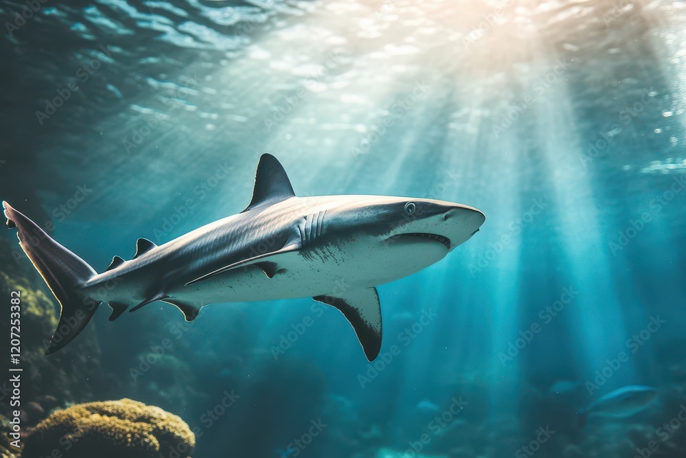 Obraz premium Majestic Shark Swimming Gracefully in Crystal Clear Ocean Waters Illuminated by Sunrays, Showcasing the Beauty of Marine Life and Underwater Exploration