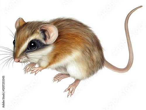 Garden Dormouse (Eliomys quercinus) - A biologically accurate hand-drawn depiction showcasing its white belly, black mask-like markings, and fluffy tail, isolated on white