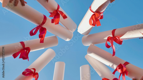 Graduates celebrating their academic achievements by raising their diplomas tied with red ribbons against a vibrant blue sky