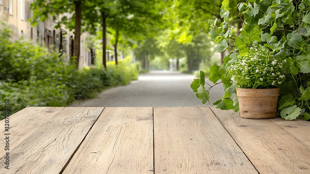 Fototapeta premium Rustic and weathered wooden table in a countryside bar background setting creating an inviting and natural environment for product display and mock up photography