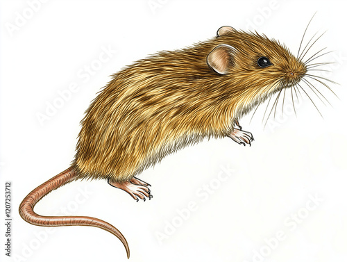 Harvest Mouse (Micromys minutus) - A detailed hand-drawn illustration of a Harvest Mouse, showcasing its small body, prehensile tail, and golden-brown fur, isolated on white photo