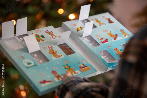 Gros plan d'un enfant ouvrant la fenêtre d'un calendrier de l'Avent avec un chocolat, sapin de noël avec guirlande lumineuse en fond.