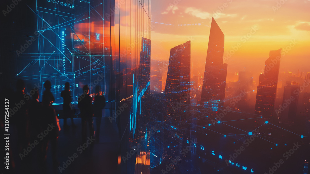 Fototapeta premium abstract professional business team people connection of line from nail node to node on Smart digital cityscap and skyline background , Innovation networking concept