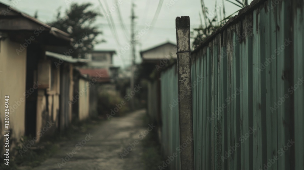 Narrow alleyway between aged buildings, showing weathered corrugated metal fence and worn path. Narrow alleyway between aged buildings, showing weathered corrugated metal fence and worn path.
