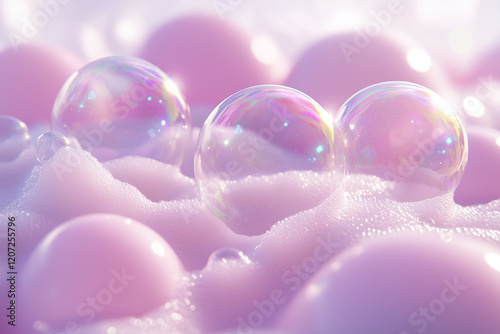 Iridescent White and Pink Soap Bubbles on Foam, Hyper-Realistic 3D Art, Generative AI photo