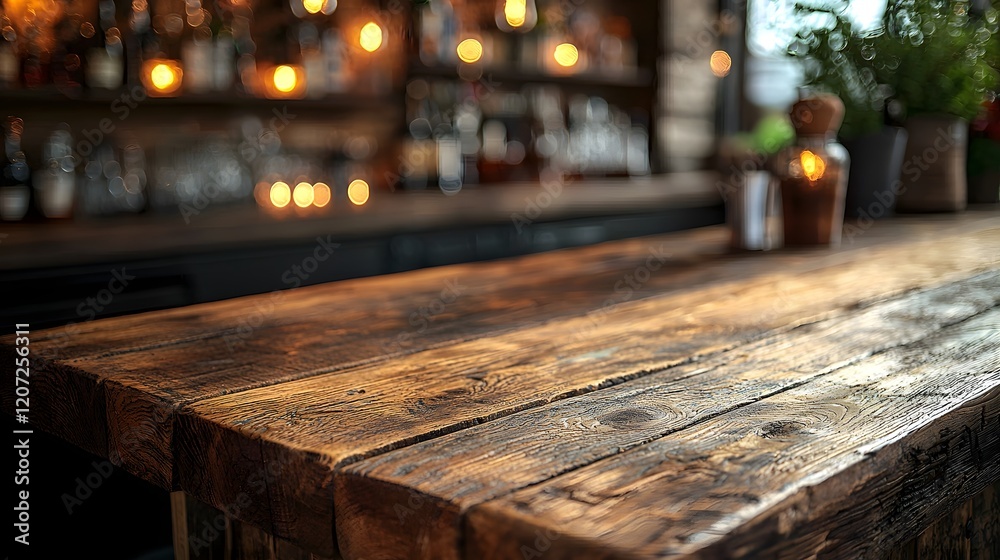 Rustic wooden table in the foreground of a warm cozy countryside bar scene with blurred background elements and soft inviting lighting Rustic wooden table in the foreground of a warm cozy countryside bar scene with blurred background elements and soft inviting lighting