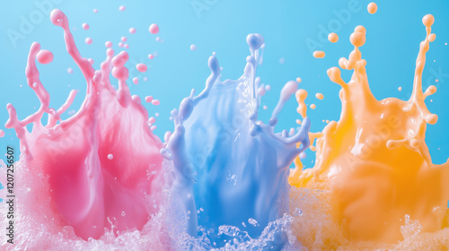 Exploding Pink, Blue, and Orange Milk with Turquoise Background, Generative AI photo