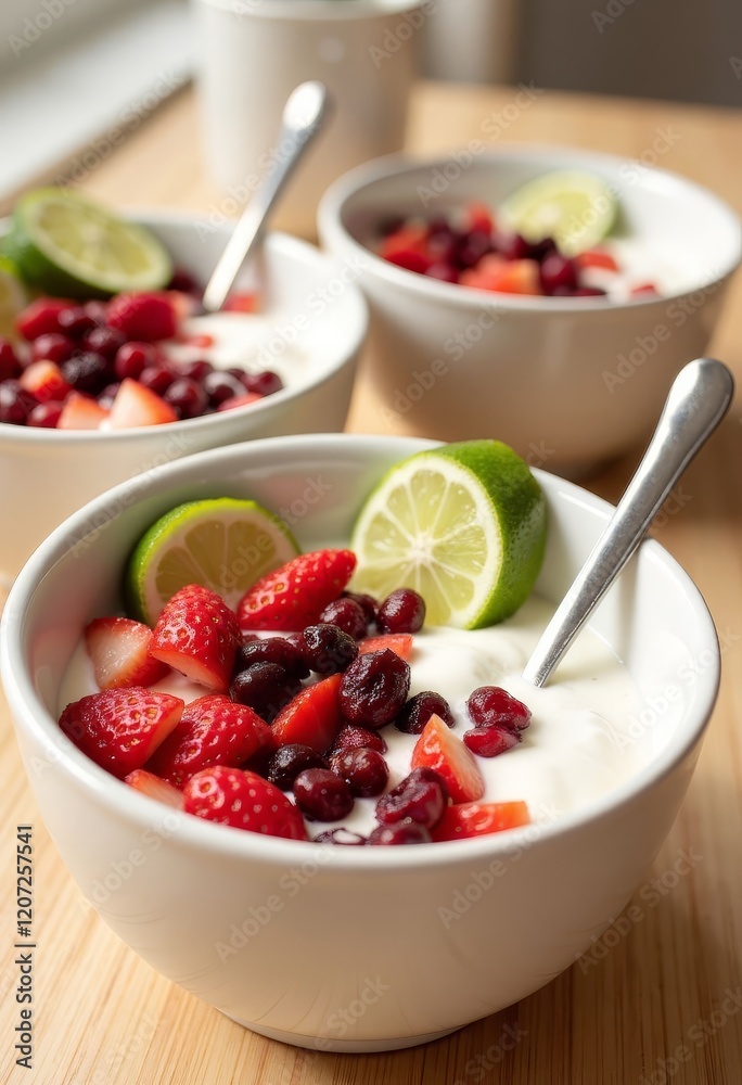 Three bowls of yogurt with berries and lime slices. Three bowls of yogurt with berries and lime slices.