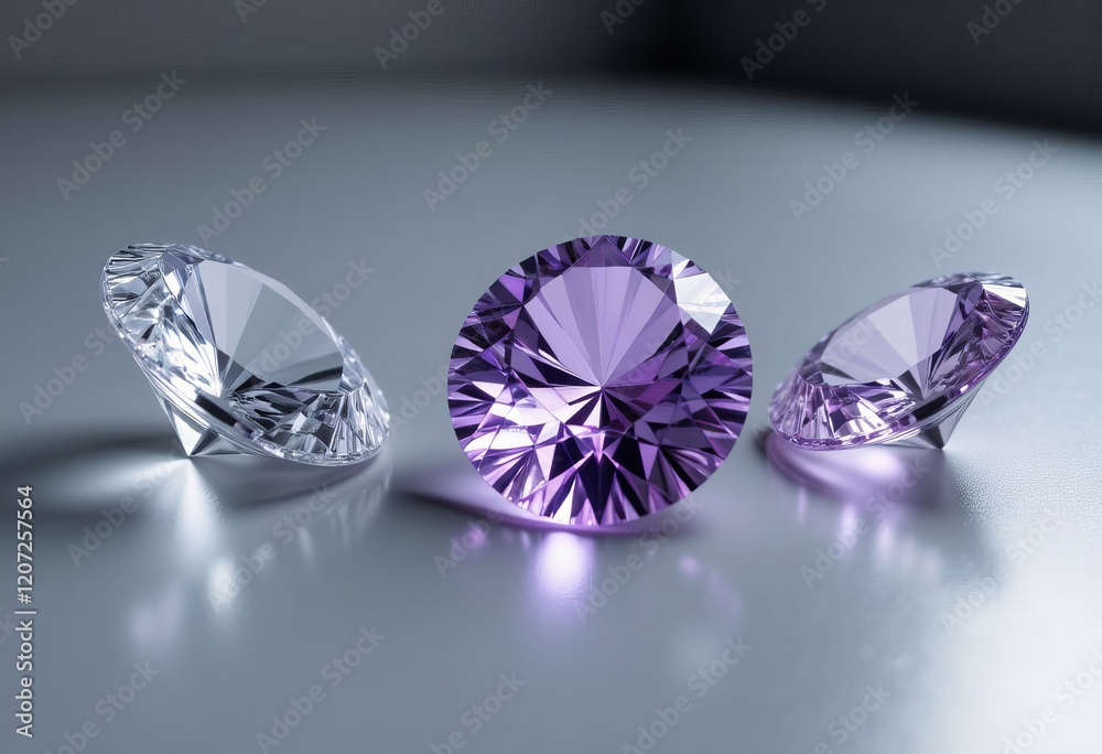Three faceted gems on gray surface with one purple gem Three faceted gems on gray surface with one purple gem