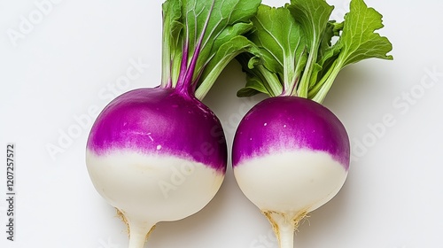 Two purple and white turnips are displayed next to each other. The purple side is noticeably larger than the white side. The turnips are fresh and vibrant photo