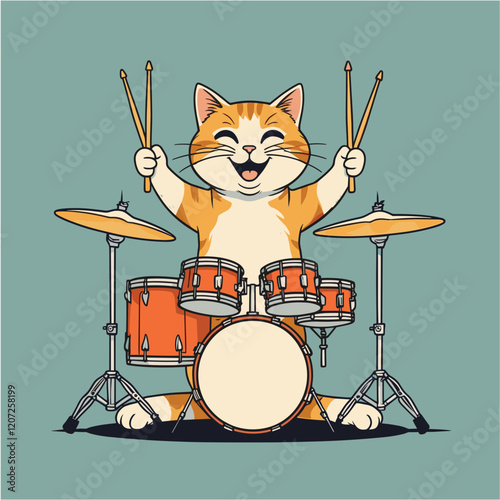 A cheerful orange cat enthusiastically playing a drum set, holding drumsticks with both paws in a fun and lively illustration