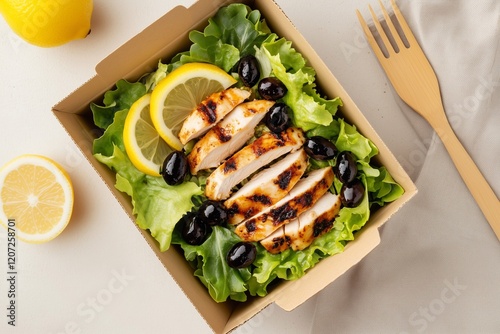 Fresh salad with grilled chicken slices, lettuce, black olives, lemon, and arugula in a cardboard box. Wooden fork, olive oil, and minimal table setting emphasize healthy eating. Generative AI.