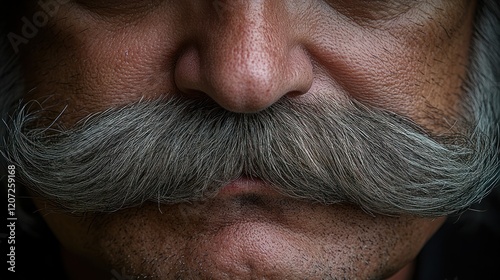 Close-up man's grey handlebar mustache, outdoor background, profile image
