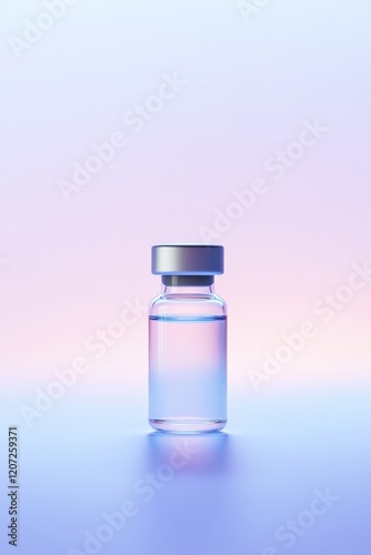 low-key lighting showcases vial of vaccine glowing under neon-lit reflections as light dances across liquid