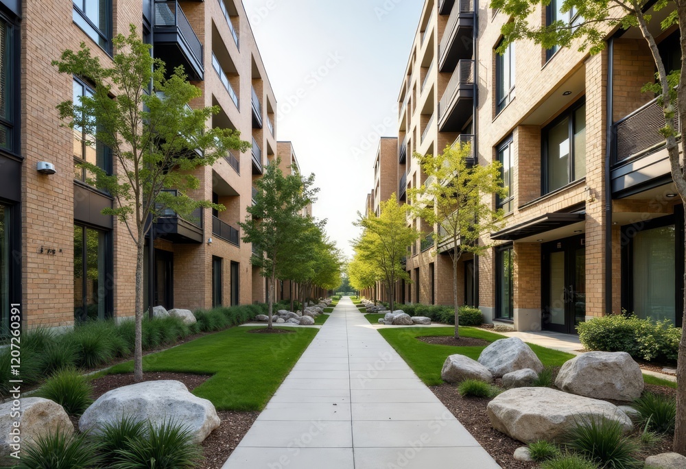 Walkway between brick buildings with trees and rocks Walkway between brick buildings with trees and rocks