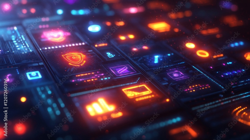 Abstract Futuristic Digital Interface with Glowing Icons and Data Visualization Abstract Futuristic Digital Interface with Glowing Icons and Data Visualization
