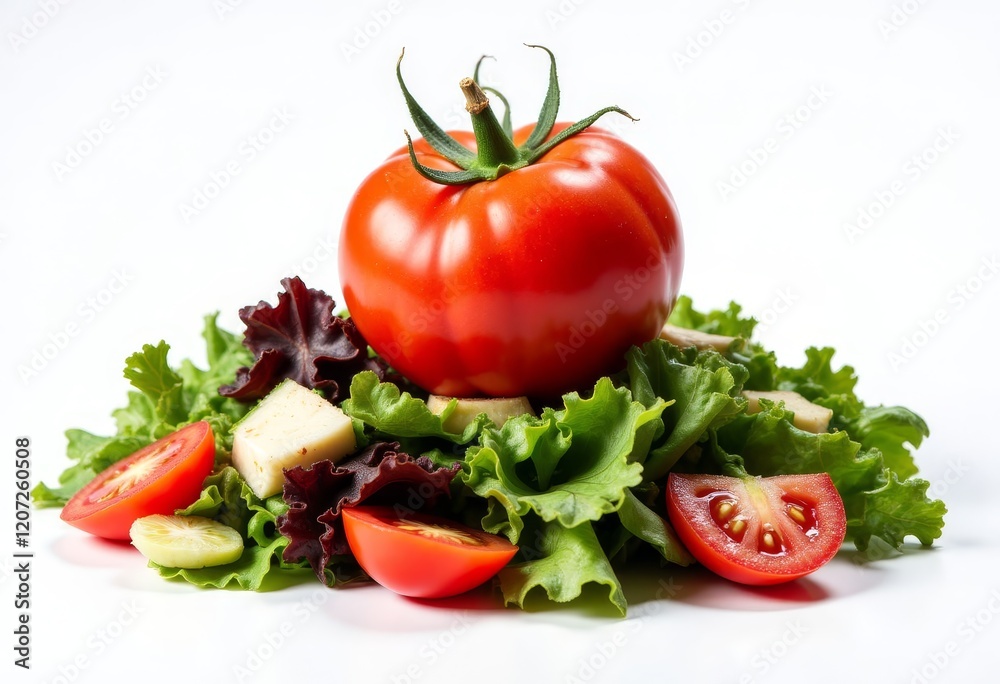 Whole tomato atop green lettuce with sliced tomatoes and cheese Whole tomato atop green lettuce with sliced tomatoes and cheese