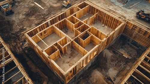 A bustling construction site where skilled workers labor tirelessly to erect a modern house, surrounded by tools, materials, and the promise of new beginnings.