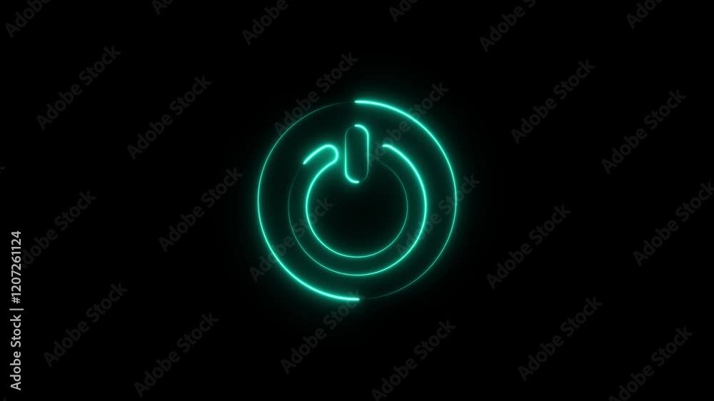 Neon glowing power button icon animated on a black background.power reset button sign animation.