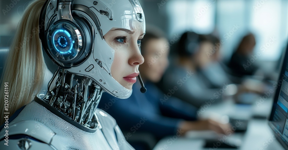 Robot working at a computer amidst people Robot working at a computer amidst people