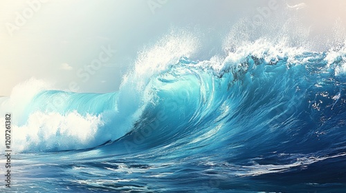 Massive blue wave crashing with white foam under bright sunlight, capturing the raw power and beauty of natural ocean forces photo