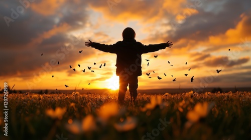 Wallpaper Mural A person is standing in a field of flowers with a sunset in the background. The person is reaching out with their arms open, as if they are embracing the beauty of the moment. AI generated. Torontodigital.ca