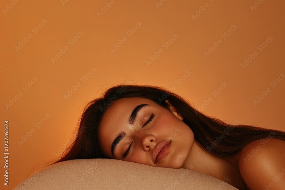 Obraz premium medium shot serene woman resting her head on plush pillow muted tones warm lighting