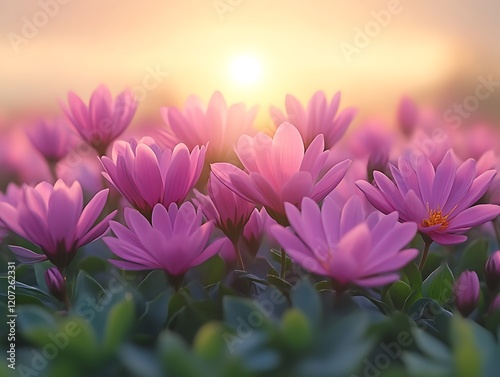 Pink Flower Field Sunset: A Serene, Soft-Light Masterpiece