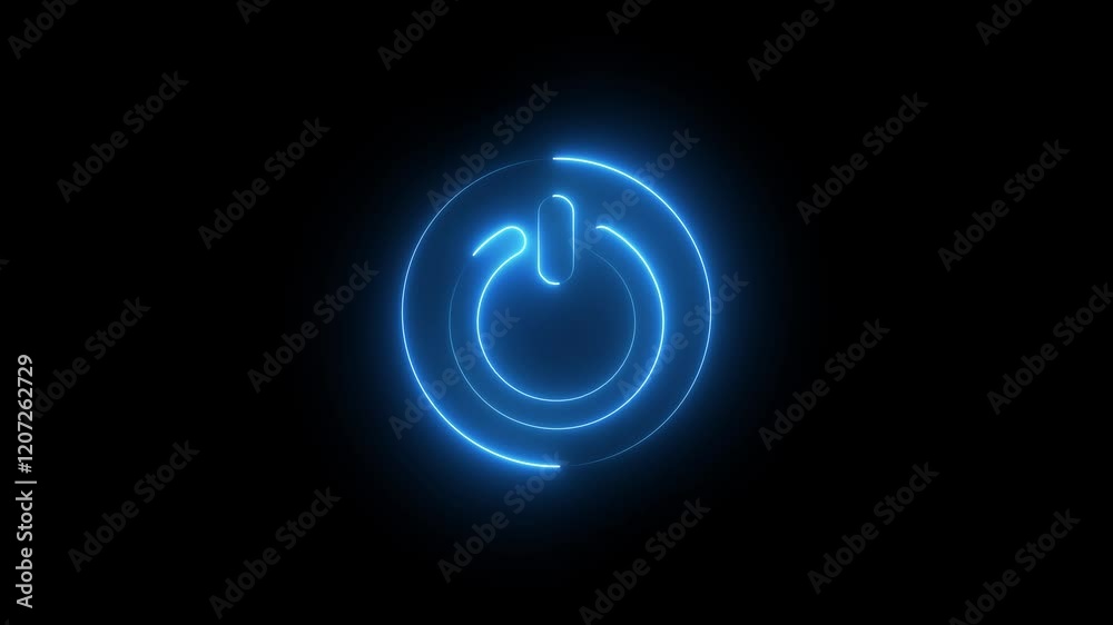 Neon glowing power button icon animated on a black background.power reset button sign animation.
