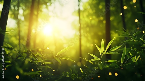 Lush Green Bamboo Forest with Sunlight and Soft Glowing Bokeh Effect