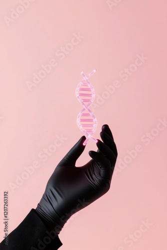 low-key lighting captures gloved hand holding glowing dna helix model suspended mid-air