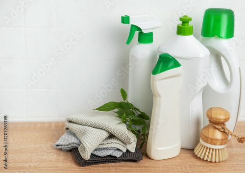 Eco friendly cleaning products promoting sustainable housekeeping practices photo