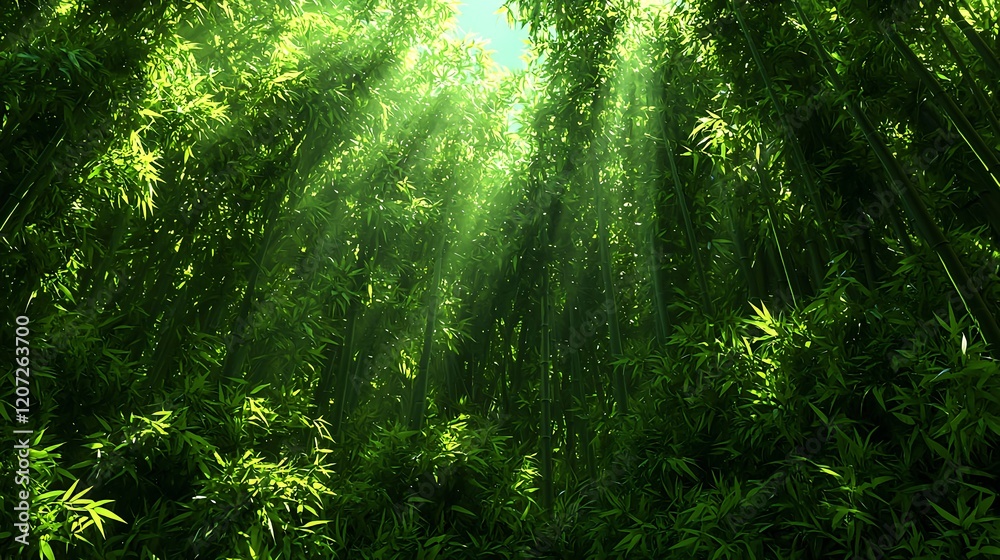 Lush Green Bamboo Forest with Sunlight Streaming Through Leaves Lush Green Bamboo Forest with Sunlight Streaming Through Leaves