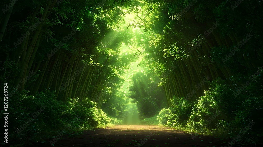 Fototapeta premium Serene Bamboo Forest Pathway Illuminated by Soft Sunlight