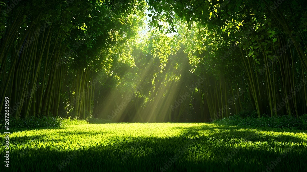 Obraz premium Sunlight Filtering Through Lush Bamboo Forest with Green Grass
