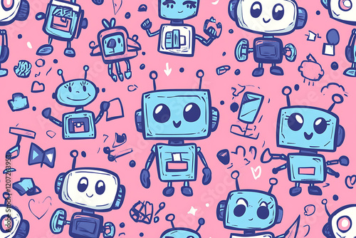 Colorful pattern featuring playful robots engaging in various activities on a vibrant pink background