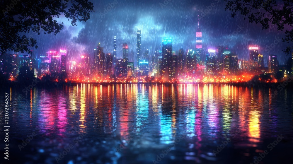 Fototapeta premium Rainy Night Cityscape: Vibrant Reflections on Still Water