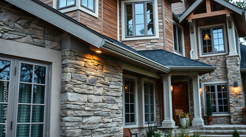 Luxury Stone House Exterior at Night. Modern Home Design, Real Estate Photography Luxury Stone House Exterior at Night. Modern Home Design, Real Estate Photography