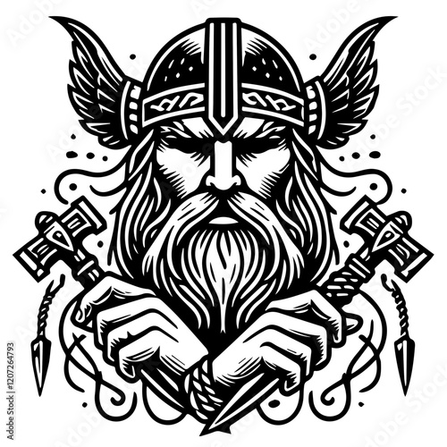 Viking Warrior with Mjolnir: A bold and powerful black and white illustration of a Viking warrior, with a stern expression and a long beard, wielding two Mjolnirs, the legendary hammer of Thor.