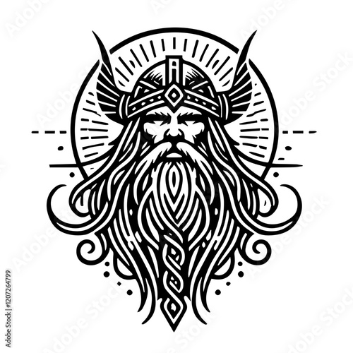 Odin, Norse God: Majestic portrait of Odin, the chief god in Norse mythology, depicted with his iconic long beard, winged helmet, and intricate design elements.