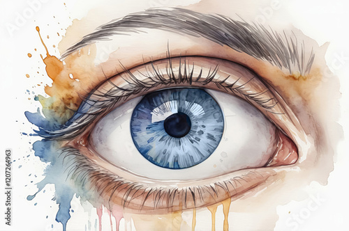 Watercolor illustration of a close-up of a girl's eyes on a white background.