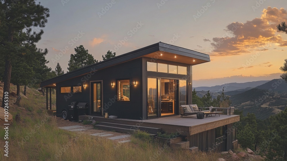 Modern Mountain Cabin at Sunset with Panoramic View Modern Mountain Cabin at Sunset with Panoramic View