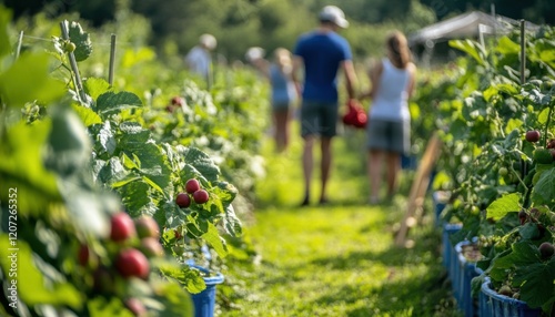 Couples harvesting vegetables in a vibrant community garden.