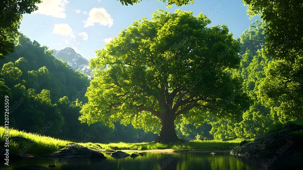 Majestic Green Tree in Lush Forest Landscape with Clear Waters Majestic Green Tree in Lush Forest Landscape with Clear Waters