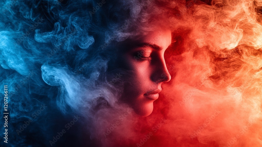Womans face obscured by blue and red smoke