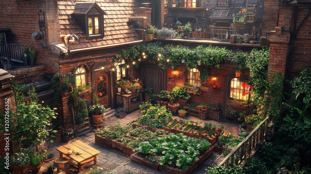 Fototapeta premium Lush Urban Garden in Brick Courtyard