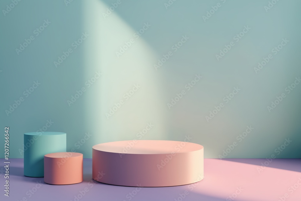 Three cylindrical podiums on pastel surface against light blue wall Three cylindrical podiums on pastel surface against light blue wall