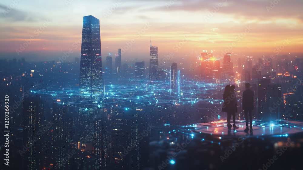 Obraz premium abstract professional business team people connection of line from nail node to node on Smart digital cityscap and skyline background , Innovation networking concept