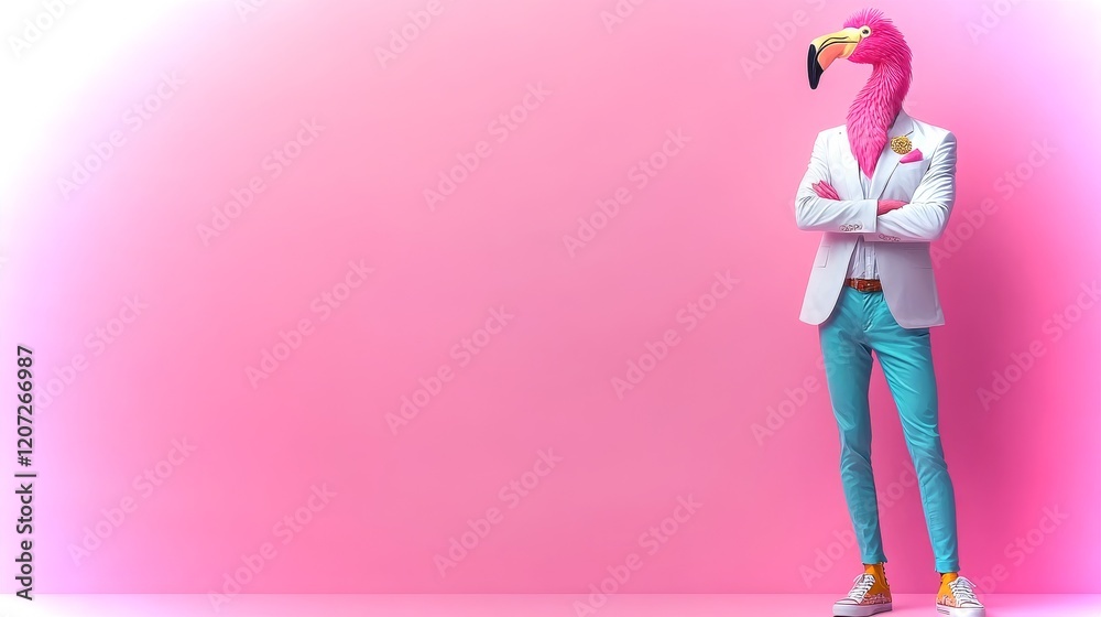 Flamingo in stylish white tuxedo jacket poses confidently against vibrant pink background Flamingo in stylish white tuxedo jacket poses confidently against vibrant pink background